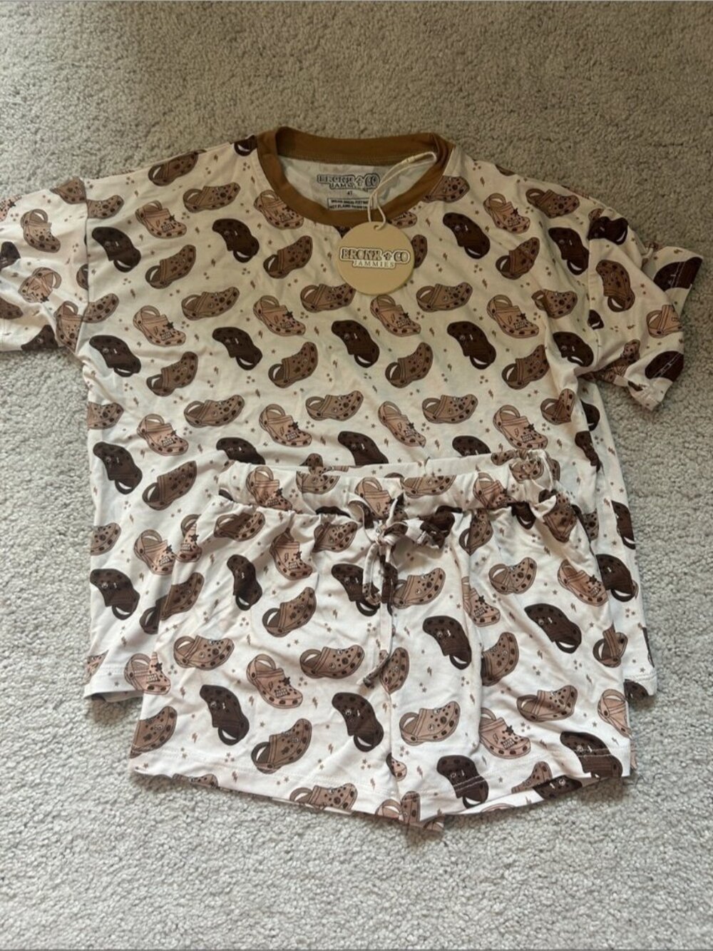 Bronx + Co Jammie’s- Kids Cream Brown Crocs Print Pajama Set